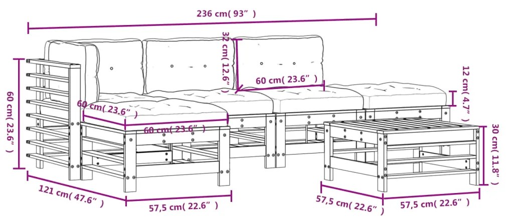 6pcs conj. lounge jardim+almofadões madeira maciça castanho-mel