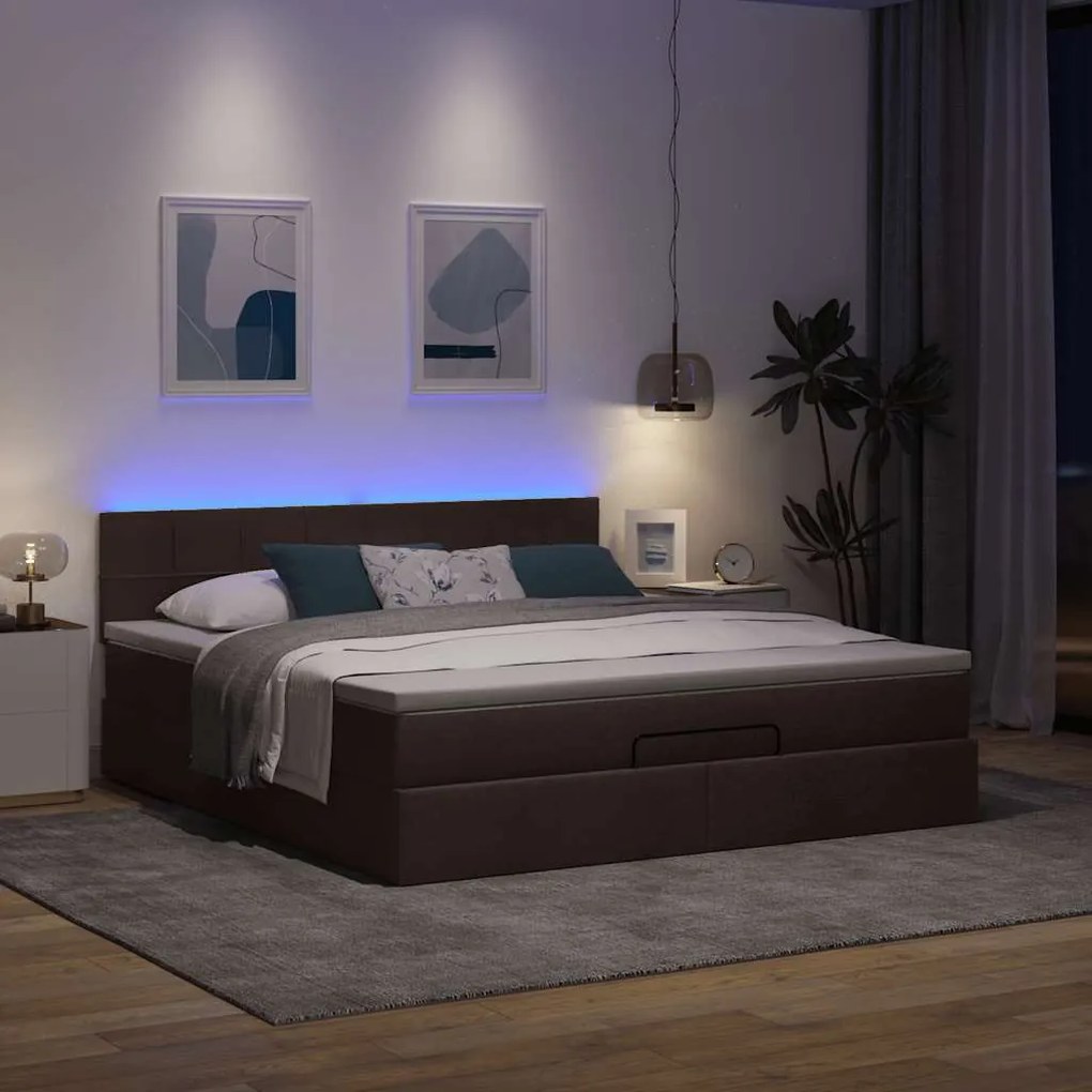 Cama Otomana com colchão&amp;LEDs 180x200cm tecido castanho-escuro
