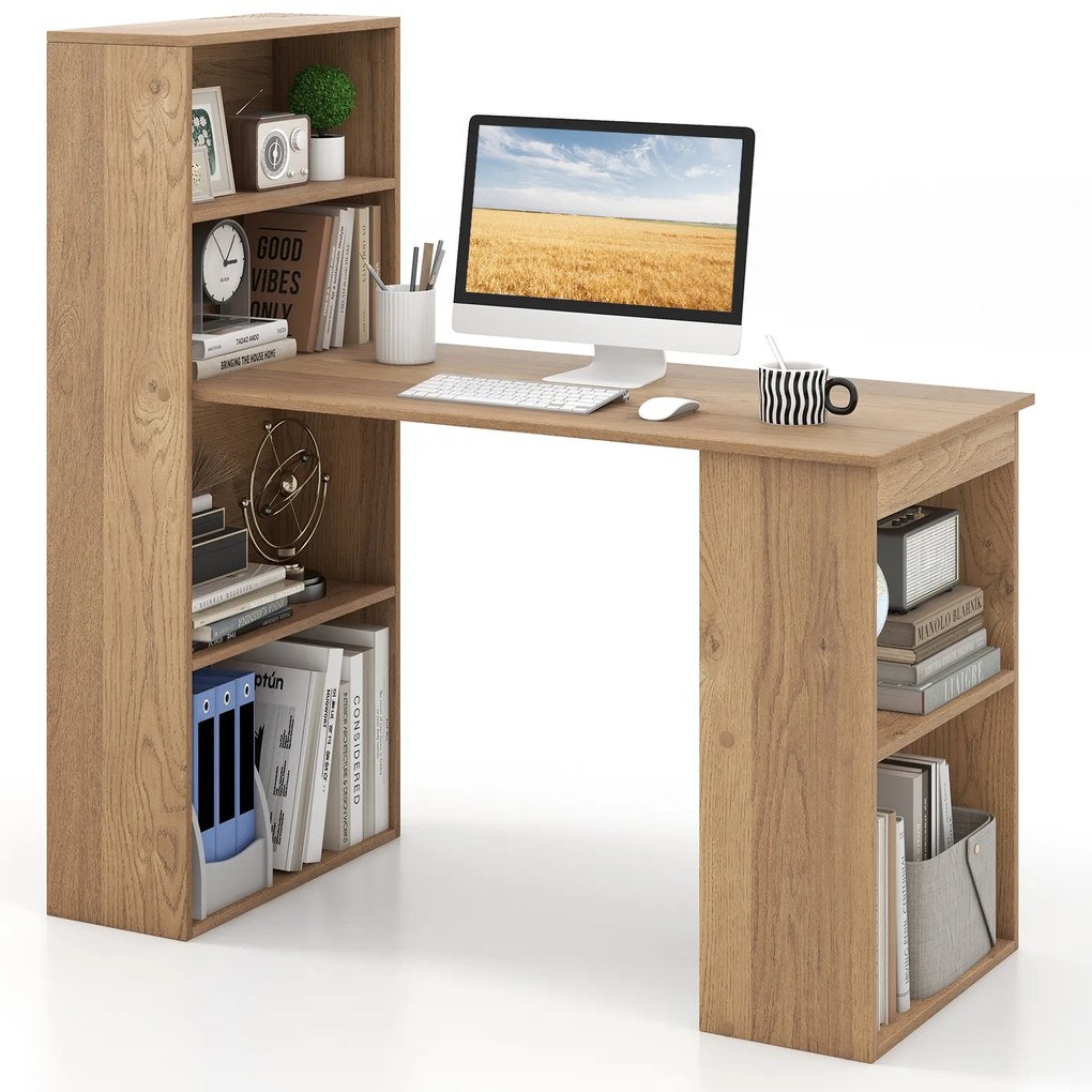 Mesa de computador moderna 3 em 1 de madeira com estantes de armazenamento de 6 níveis - branca