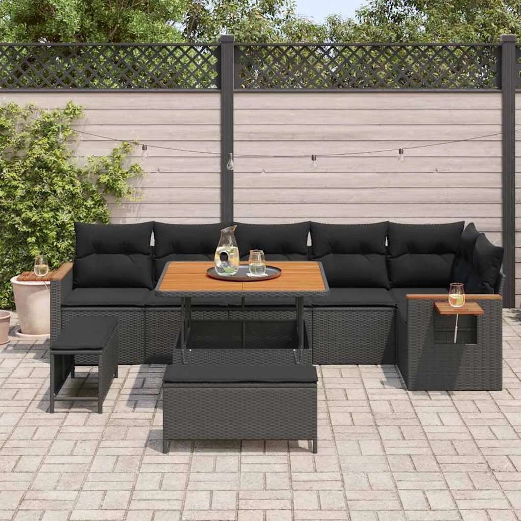 Conjunto de Sofá de Jardim de 9 Peças com Almofadas Pretas de Polirrat