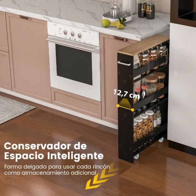 Carrinho de cozinha de arrumação estreito com 4 Estantes Rodas Organizador Móvel Economizador de Espaço para a Casa de Banho 48 x 13 x 81 cm Preto e N