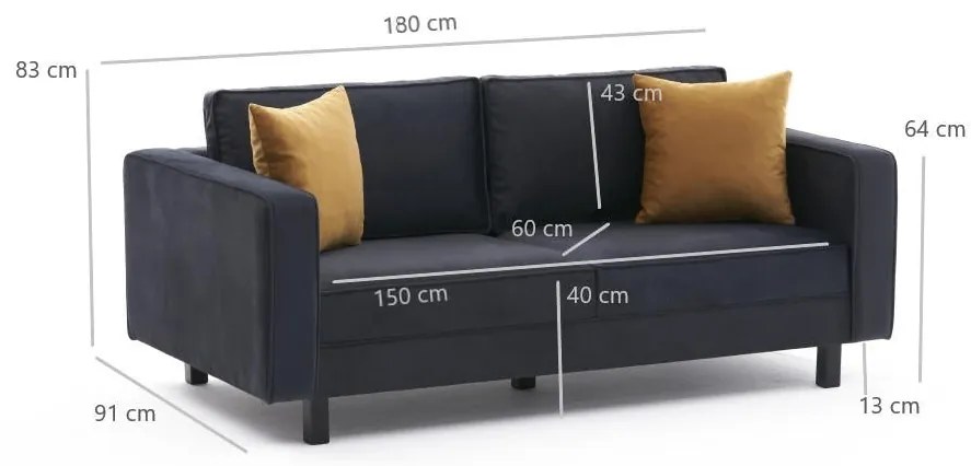 Sofá de 2 Lugares Kale – Antracite – 180x83x91 cm