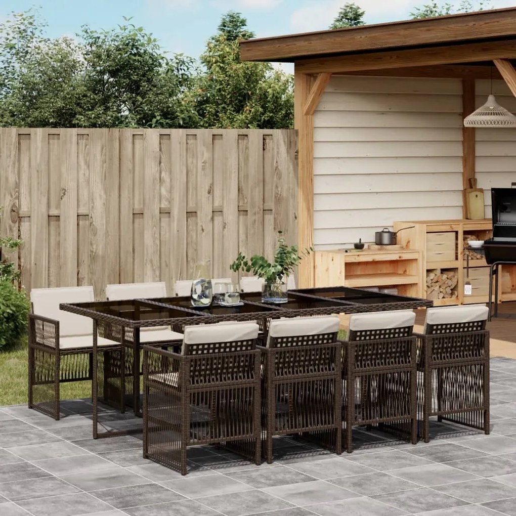 vidaXL 9 pcs conjunto jantar p/ jardim c/ almofadões vime PE castanho