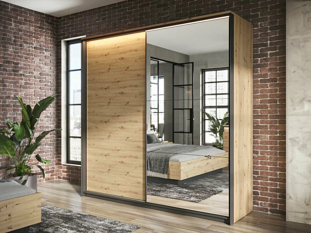 Roupeiro Luliru 137, Preto, Carvalho Artisan, 221x220x68cm, 223 kg, Portas para roupeiro: Deslizante, Número de prateleiras: 10, Número de prateleiras: 10