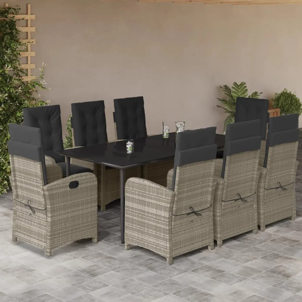 vidaXL 9 pcs conjunto de jantar p/ jardim c/ almofadões cinzento claro