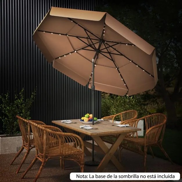 Guarda-sol solar de 300 cm com 32 luzes LED, parte superior ventilada com 3 níveis e ajuste de inclinação - castanho