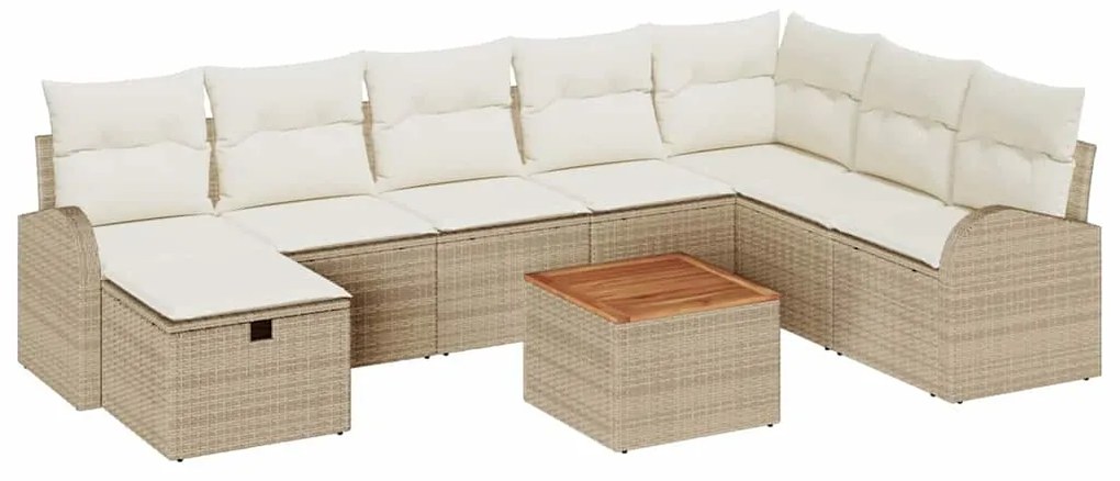 Conjunto de Sofá de Jardim de 9 Peças com Almofadas Bege Rattan Poliés