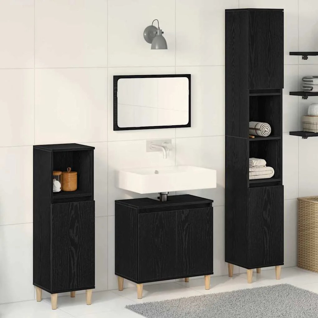 Conjunto de Móveis de Casa de Banho 3 Peças Carvalho Preto Madeira Eng