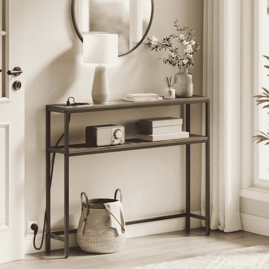 Mesa consola com 2 prateleiras 20 x 100 x 80 cm castanho vintage-Preto