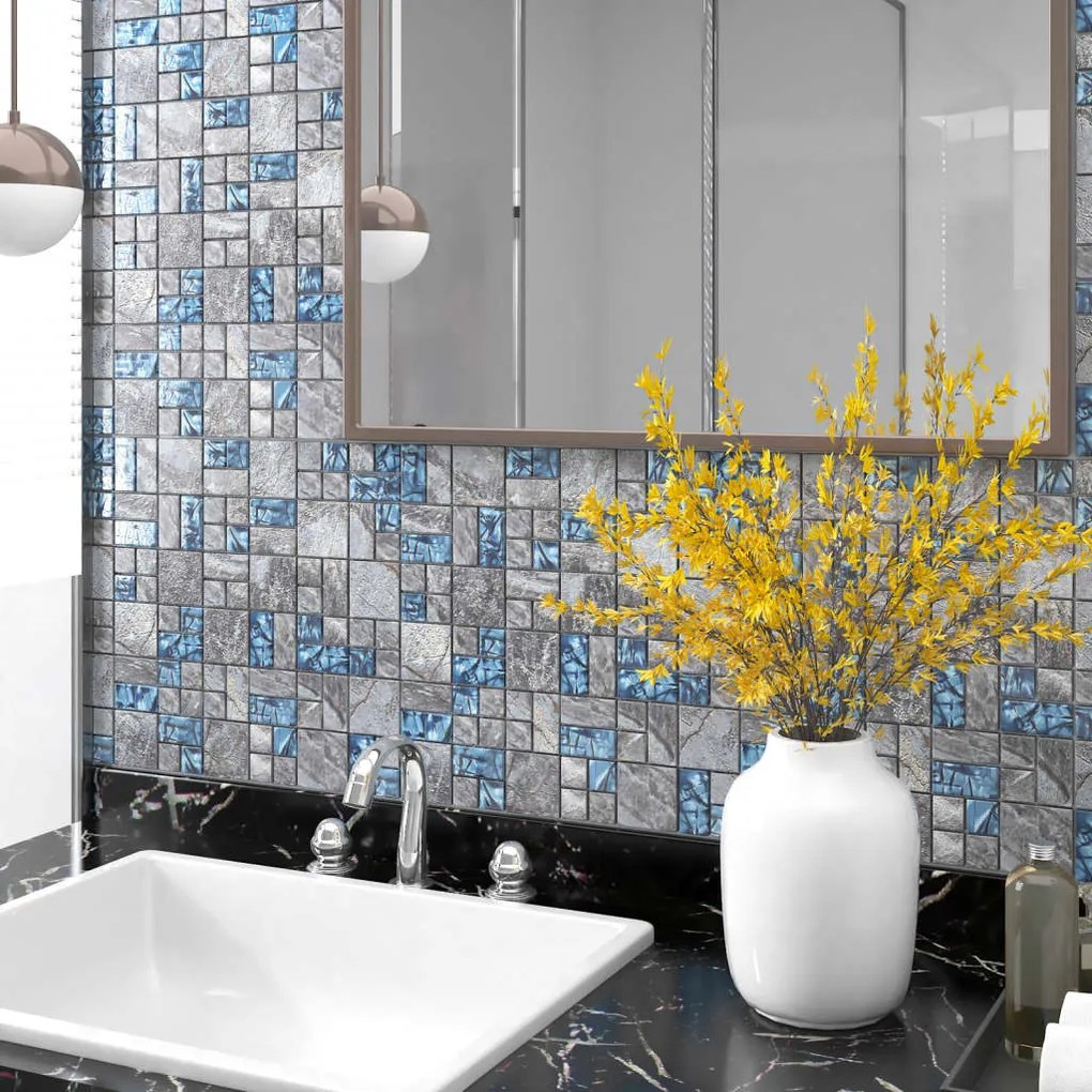 Ladrilhos mosaico 22 pcs 30x30cm vidro cinzento e azul