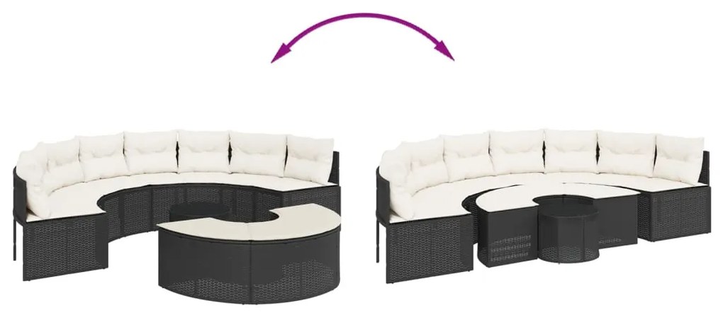 3 pcs conjunto de sofás de jardim semicircular vime PE preto