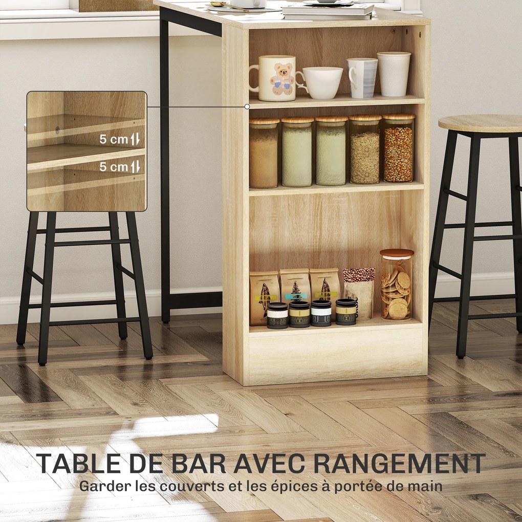 Conjunto de mesa de bar com bancos, compartimentos abertos, prateleira ajustável e apoio para os pés, em carvalho e preto