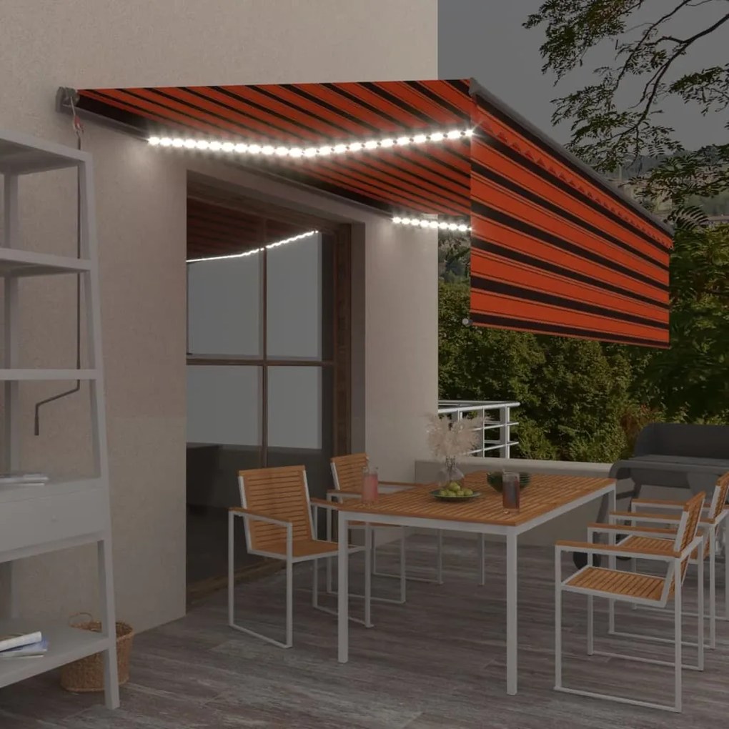 Toldo retrátil manual com estore e LED 5x3 m laranja e castanho