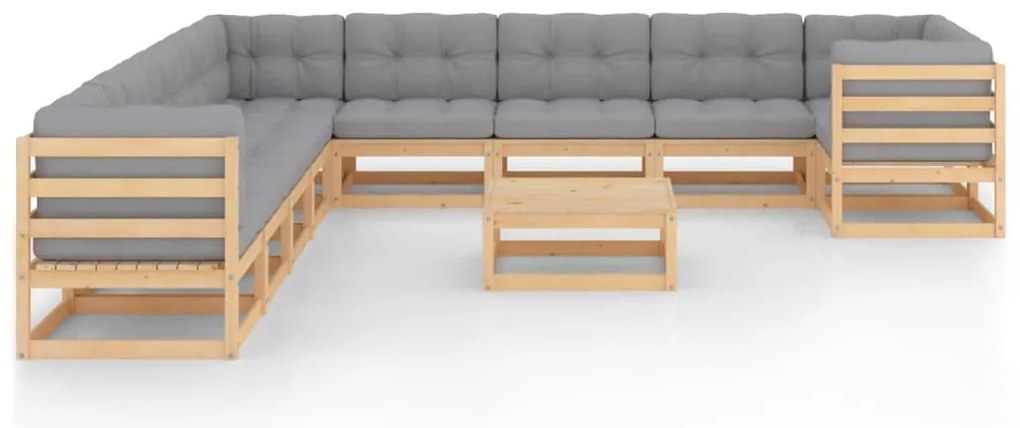 11 pcs conjunto lounge de jardim c/ almofadões pinho maciço