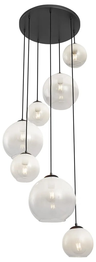 Candeeiro suspenso moderno preto com vidro branco redondo 7 luzes - Misty Moderno