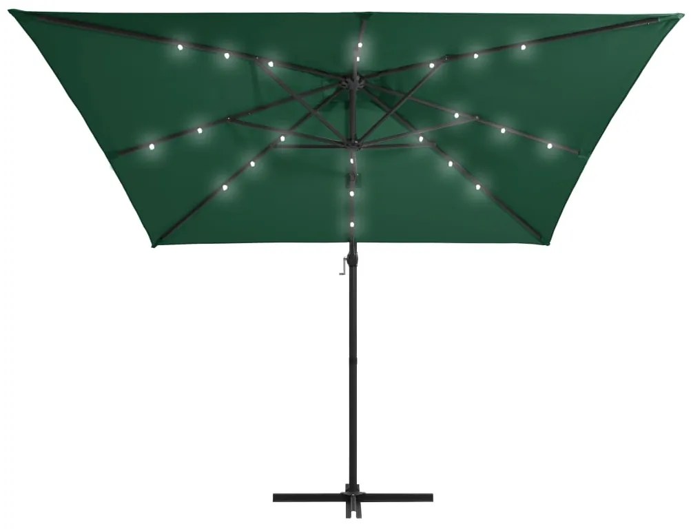 Guarda-sol cantilever + luzes LED + mastro aço 250x250 cm verde