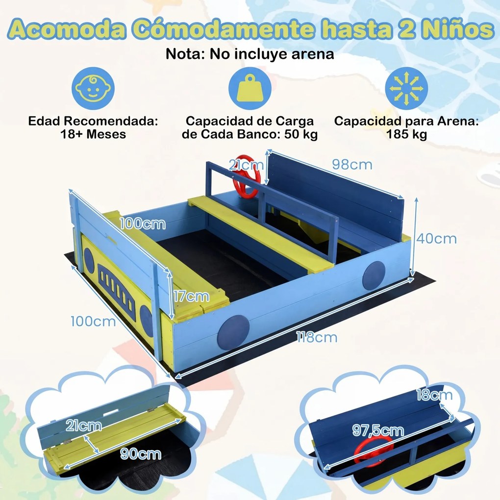 Caixa de areia infantil em madeira com tema de carro 118 x 100 x 40 cm, com capota conversível, bancos, forro e volante, para crianças a partir dos 18