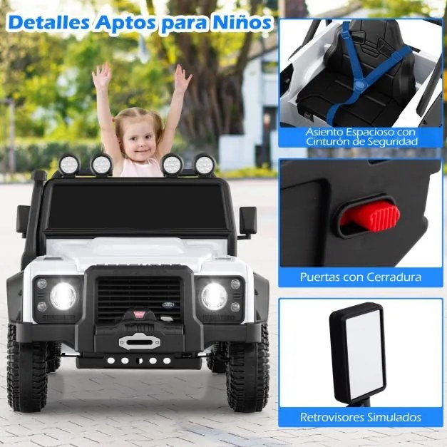 Jipe Land Rover Defender elétrico infantil 12V com comando à distância, suspensão completa, faróis e música para idades entre 3 e 8 anos, Branco