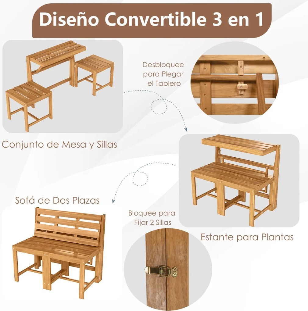 Banco de madeira de acácia 3 em 1, convertível em mesa e cadeiras + estante para plantas multifuncional para terraço e jardim, com um estilo natural