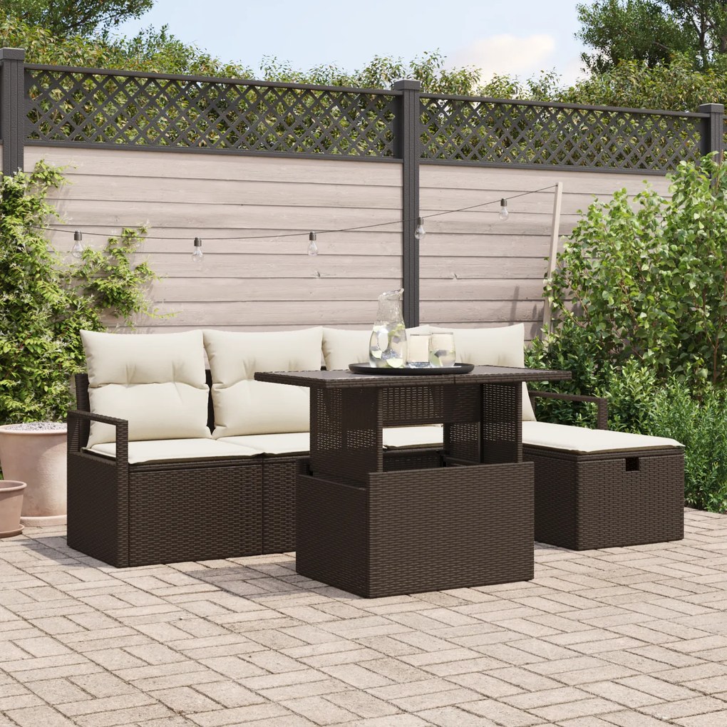 Conjunto de Sofá de Jardim com 6 Peças e Almofadas Marrons Polirratã