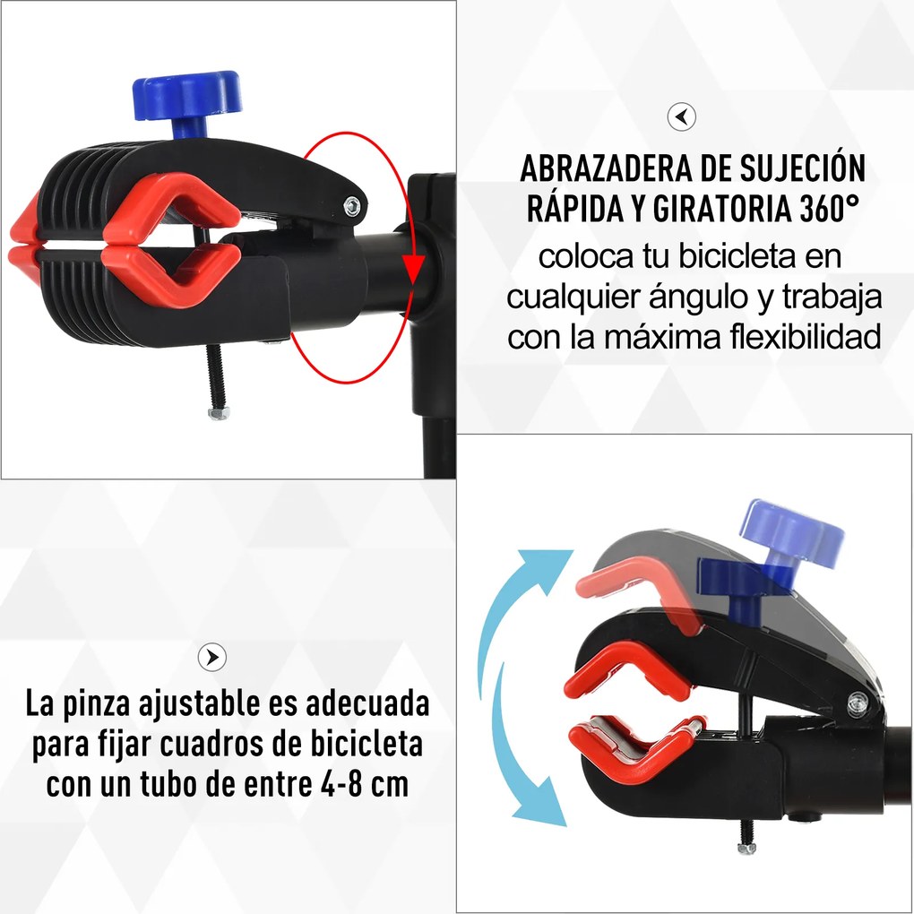 HOMCOM Suporte de reparo Cavalete de bicicleta portátil para casa Altura ajustável 110-180cm com 4 pernas Bandeja de ferramentas Até 25kg 84x84x180 Preto