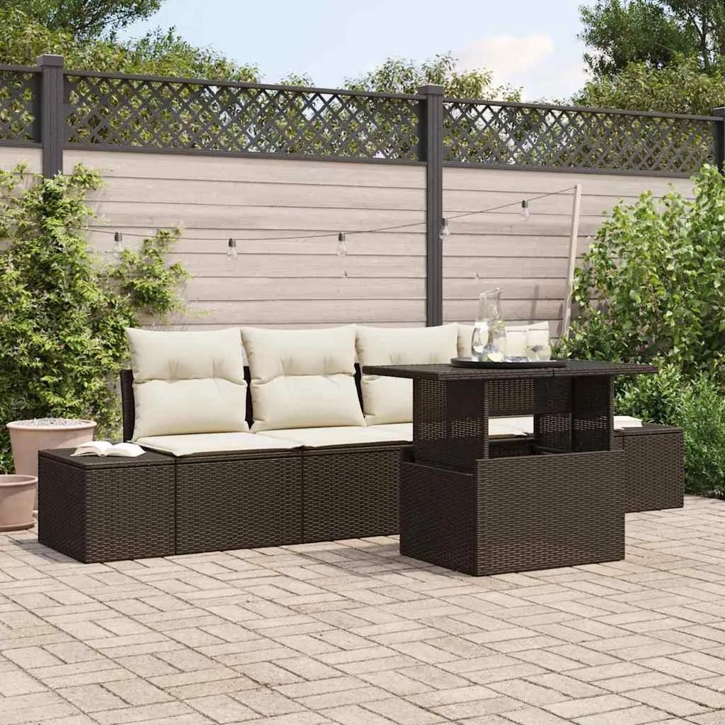 vidaXL Conjunto de sofá de jardim de 5 peças com almofadas marrons em rattan sintético