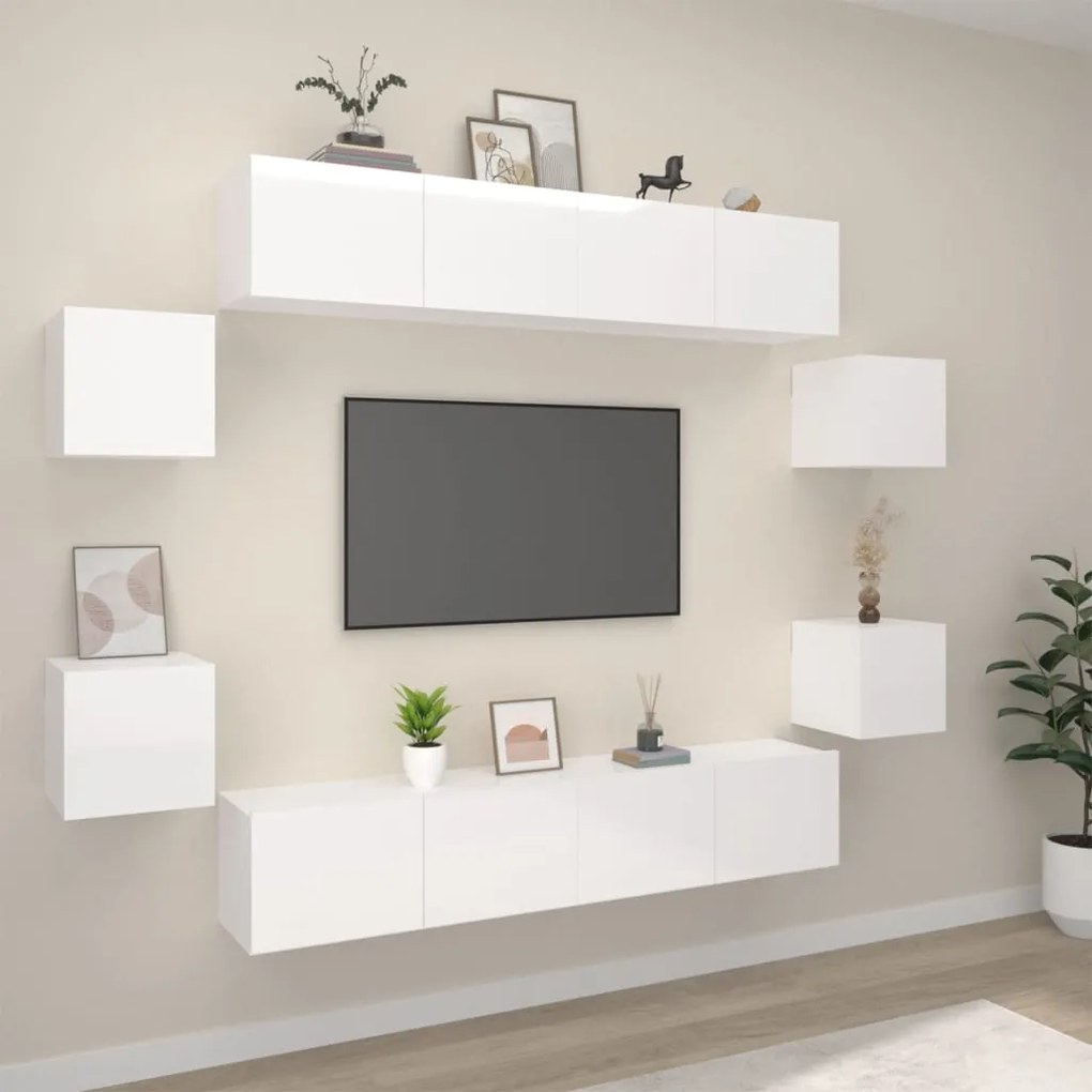 vidaXL 8 pcs conjunto móveis de TV madeira processada branco brilhante