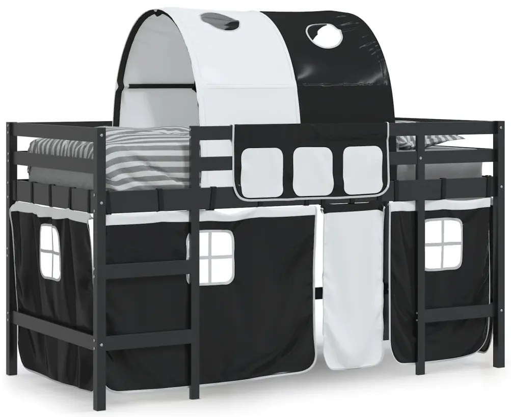 Cama alta criança c/ túnel 90x190 cm pinho maciço branco/preto