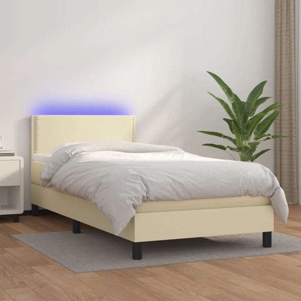 vidaXL Cama box spring c/ colchão/LED 100x200cm couro artificial creme