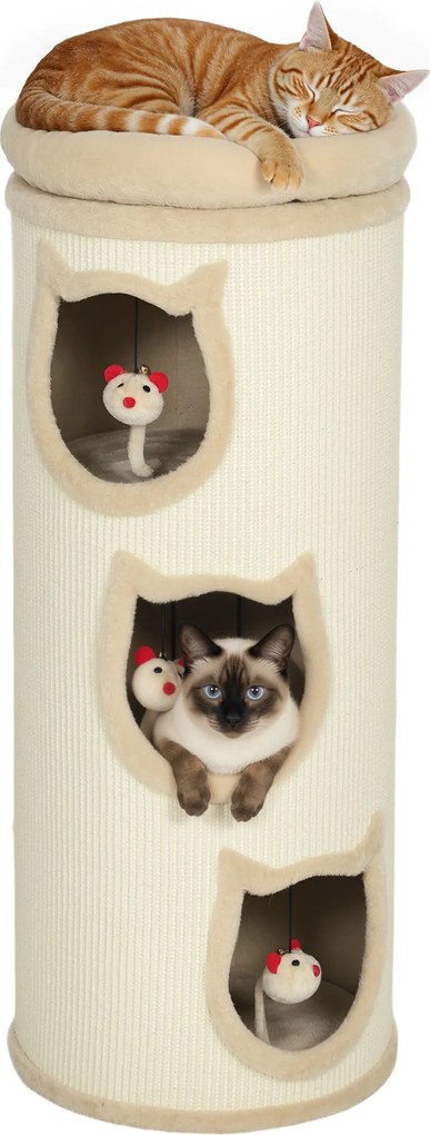 Cilindro para arranhar, torre para arranhar em sisal com borda em pelúcia, 3 níveis com plataforma, estável, Ø 38 x 96 cm, creme