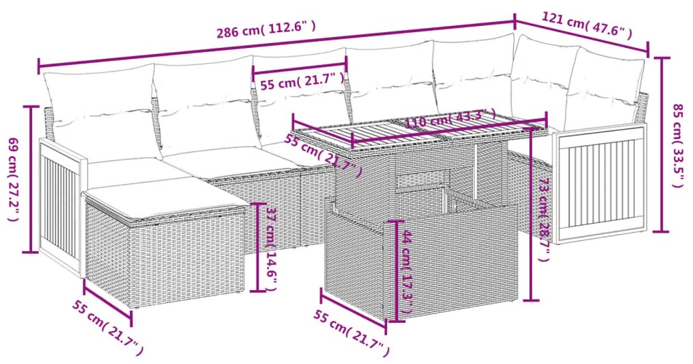 8 pcs conjunto de sofás p/ jardim com almofadões vime PE bege