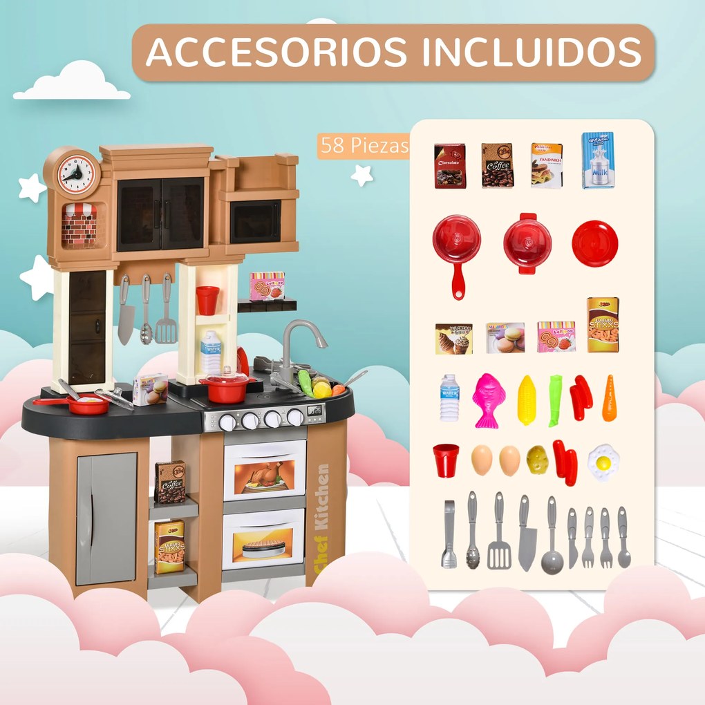 HOMCOM Cozinha Infantil com 58 Peças para Crianças acima de 3 Anos Cozinha de Brincar com Luz Sons Lavatório Torneira com Água e Forno 63x35x84cm Marrom