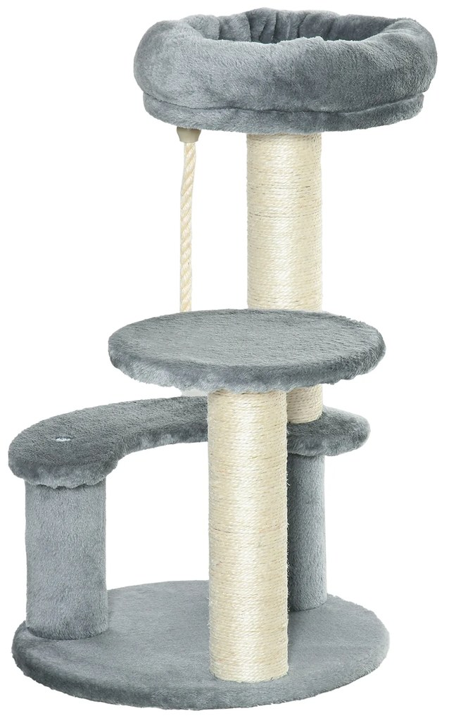 PawHut Árvore Arranhador para Gatos Ø40x65 cm com Cama Plataformas em Pelúcia Corda Suspensa e Poste com Corda de Sisal Cinza