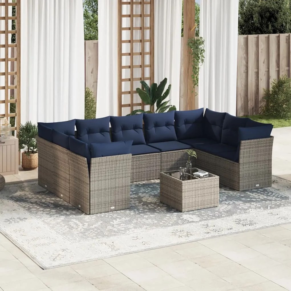 vidaXL 10 pcs conjunto sofás p/ jardim c/ almofadões vime PE cinzento