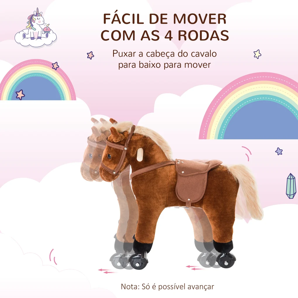 HOMCOM Cavalo de Brinquedo para Crianças acima de 3 Anos com Sons Realistas  85x28x60 cm Marrom