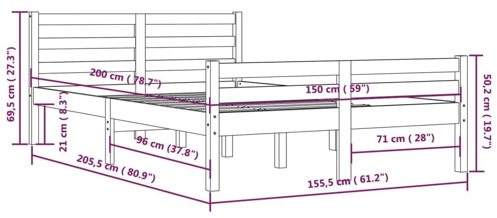 Estrutura de cama king 150x200 cm madeira maciça cinza