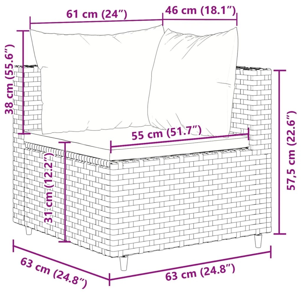 11 pcs conjunto sofás de jardim c/ almofadões vime PE castanho