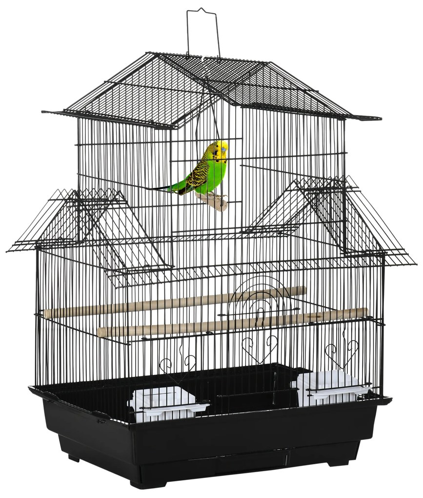 PawHut Gaiola para Pássaros de Metal com Bandeja Amovível 2 Comedouros e Poleiros 50,5x41x63cm Preto | Aosom Portugal