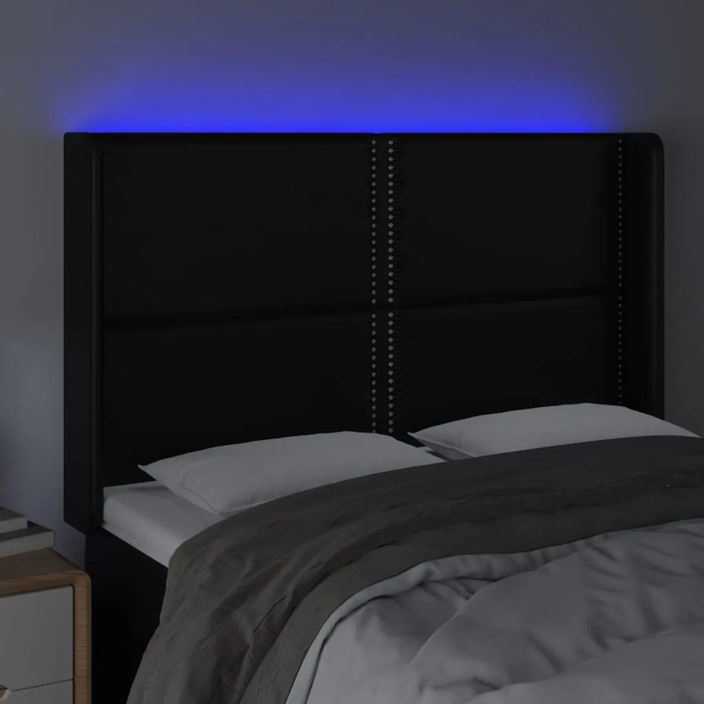 Cabeceira cama c/ LED couro artificial 147x16x118/128 cm preto