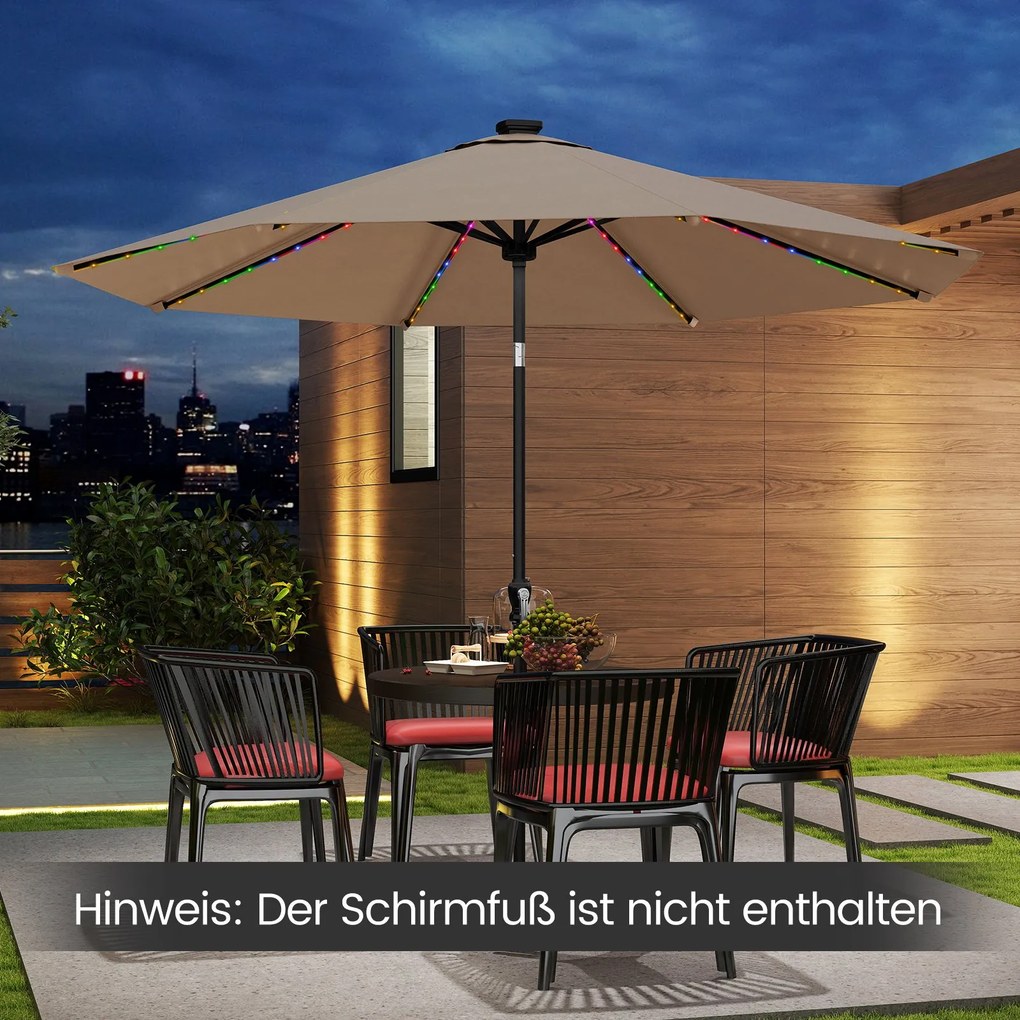 Guarda-sol de 300 cm com iluminação LED solar, 9 modos de iluminação, guarda-sol de jardim com manivela, café