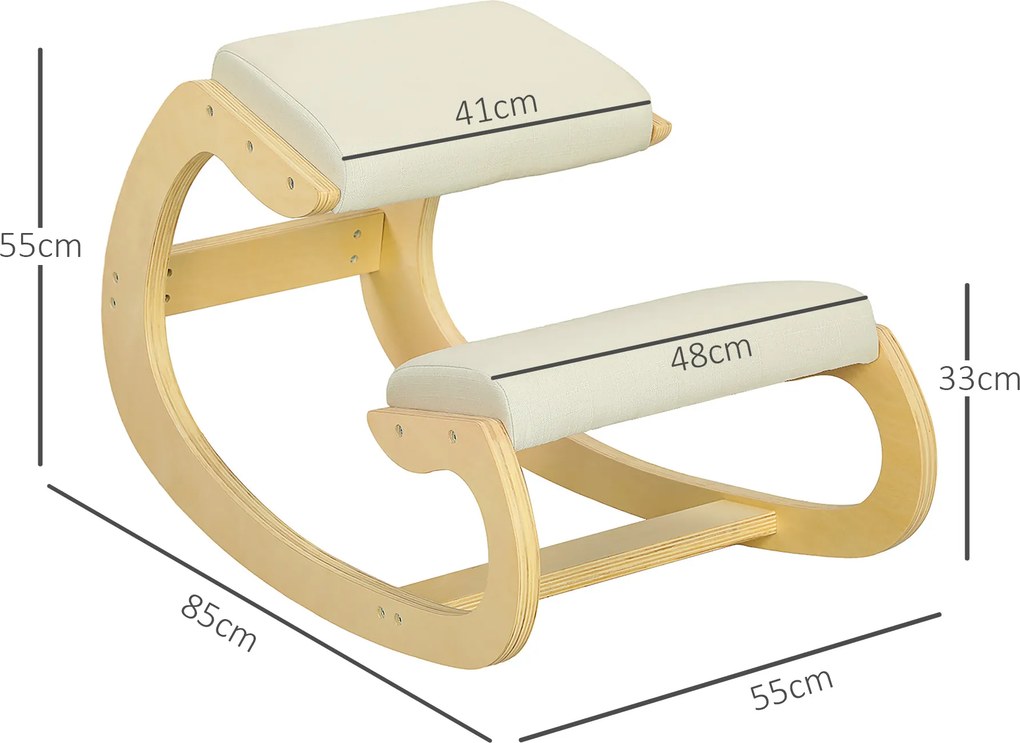 Cadeira Ergonómica de Joelhos com Almofadas Acolchoadas Estrutura de Madeira para Melhor Postura Escritório 55x85x55 cm Creme