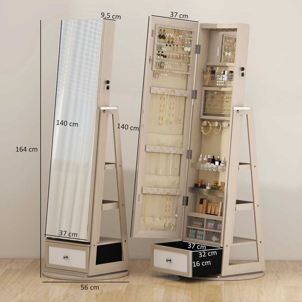 Espelho de Pé Giratório 360° com Espelho com Interior Iluminado Organizador de Jóias com Prateleiras e Gavetas 56x56x164 cm Madeira