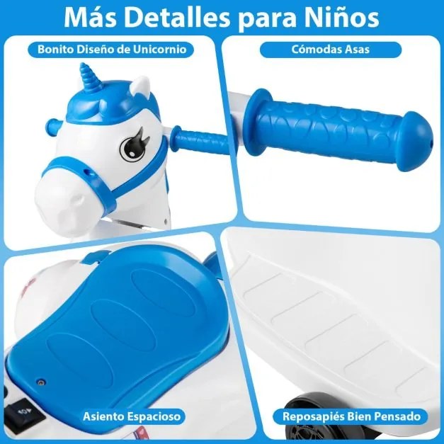 Unicórnio de 12V elétrico para crianças com pónei de unicórnio com rodas Modo de equitação com música Arranque por botão Azul