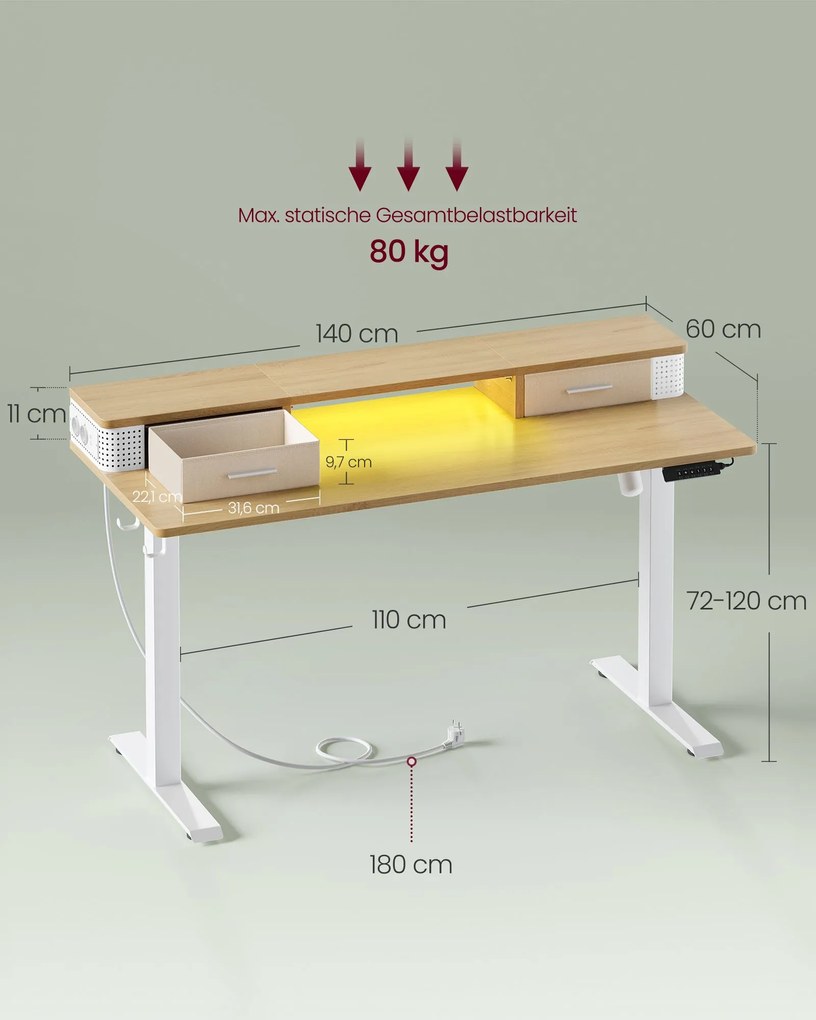 Secretária eléctrica com Luz LED e regulável em altura 60 x 140 x (72-120) cm Bege