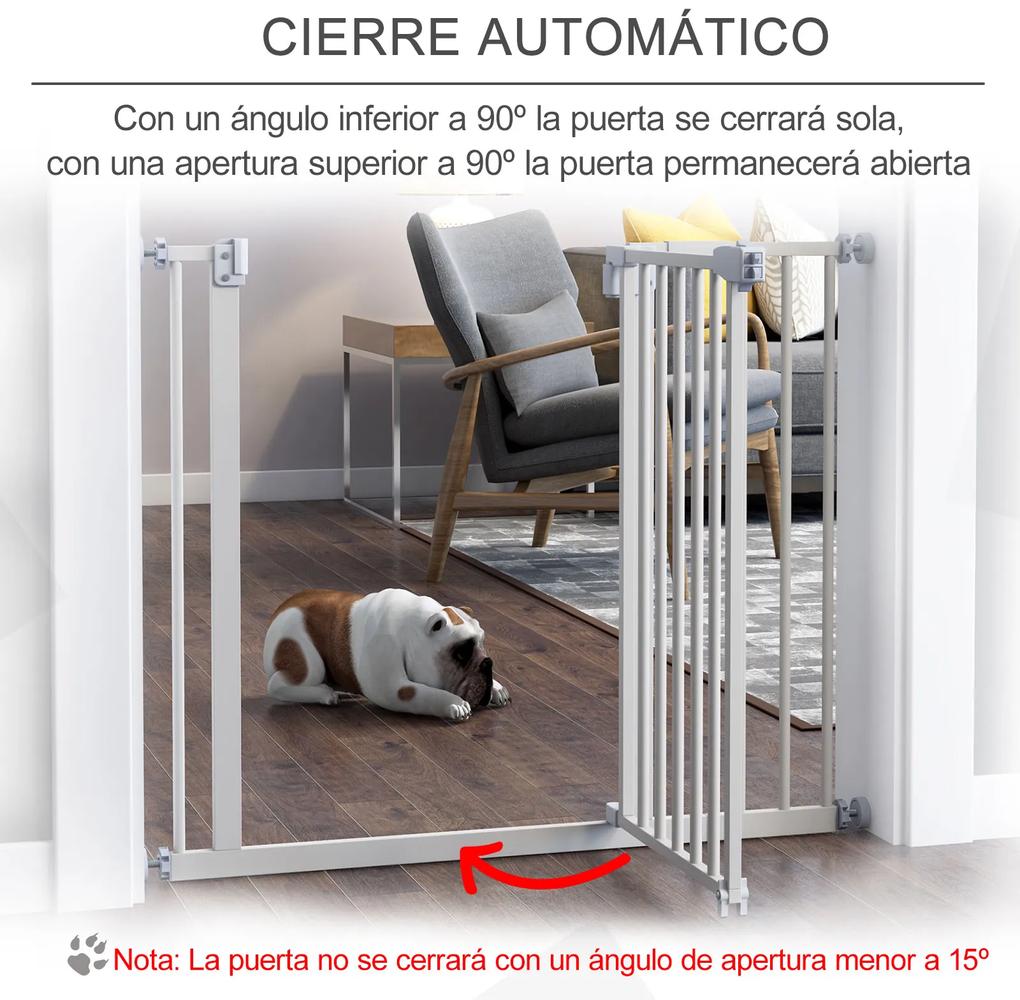 PawHut Barreira de Segurança Metálica de Portas e Escadas para Animais de Estimação Cães com Extensão de 17,5 cm Sistema de Fechamento Automático 74-97,5x76,2 cm Branco