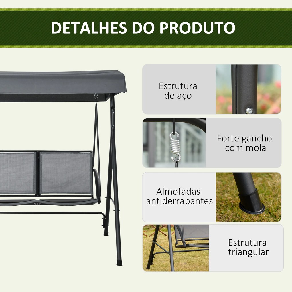 Baloiço de Jardim Exterior para 2 Pessoas Toldo Ajustável Estrutura em Aço Assentos de Textilene 140x118x162 cm Cinzento Escuro