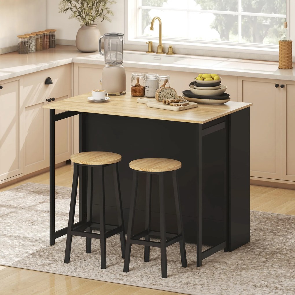 Mesa de bar extensível com aba 116 x 79,6 x 90,5 cm, mesa alta de cozinha, 1 armário e 4 compartimentos abertos, preta e efeito de madeira natural