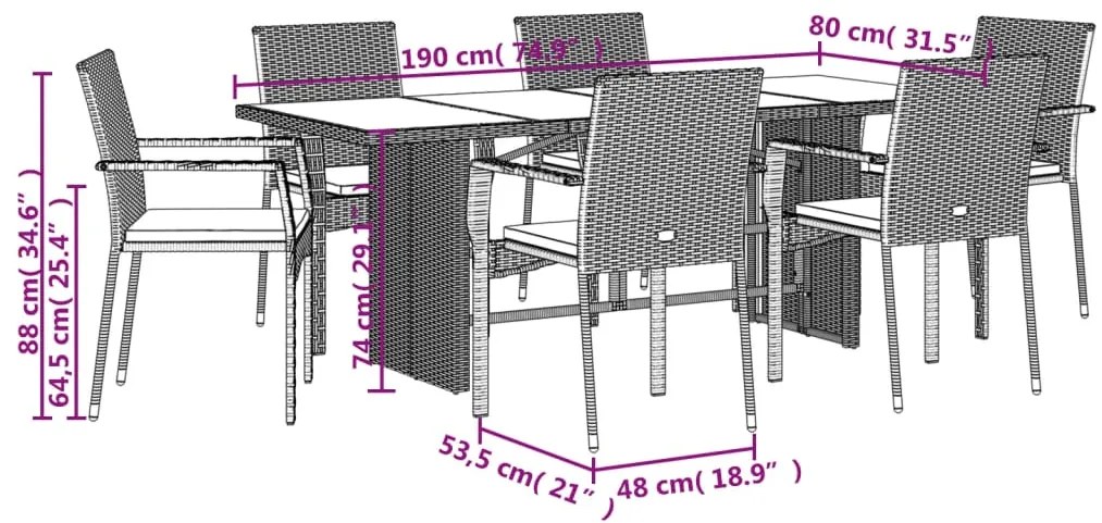 7 pcs conjunto de jantar p/ jardim c/ almofadões vime PE cinza