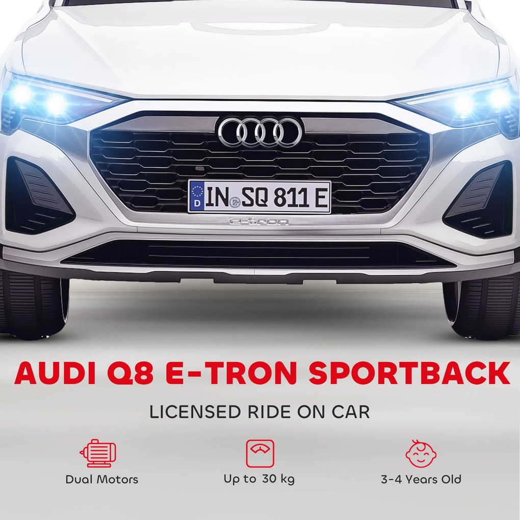 Carro Elétrico para Crianças Audi Q8 Etron Sportback Infantil 12V Faróis Buzina e Música 98x49,5x43 cm Branco