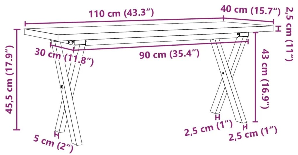 Mesa de centro estrutura em X 110x40x45,5cm pinho/ferro fundido